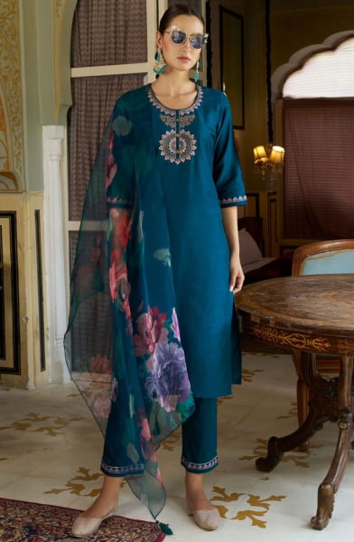 Teal Blue Cotton Silk Pant Kameez Suit