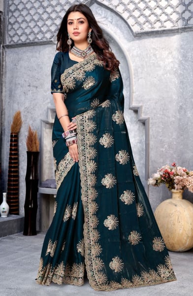 Teal Blue Crape Silk Embroidered Saree