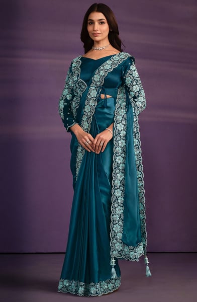 Teal Blue Crepe Satin Silk Ready to Wear Saree