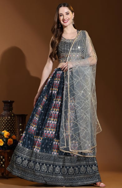 Teal Blue Crush Chinnon Lehenga Choli Set for Party