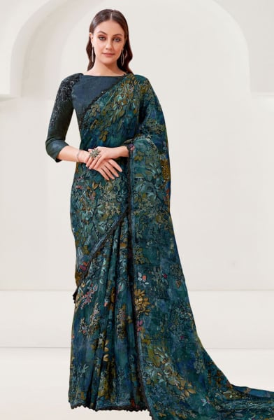 Teal Blue Designer Embroidered Saree