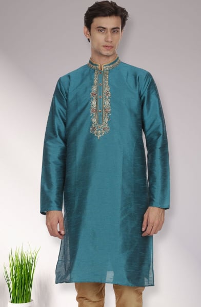Teal Blue Dupion Silk Men Plus Size Kurta