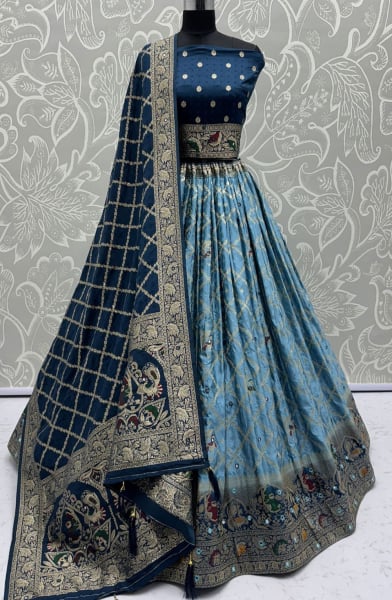 Teal Blue Embellished Georgette Satin Lehenga Choli