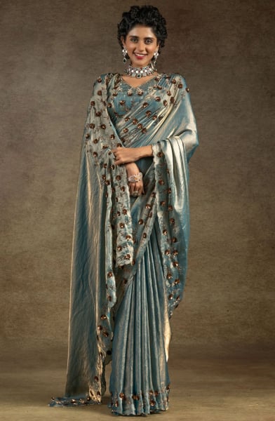 Teal Blue Embellished Satin Silk Saree