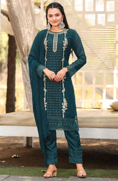 Teal Blue Embroidered Georgette Pant Kameez