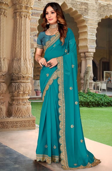Teal Blue Embroidered Georgette Saree