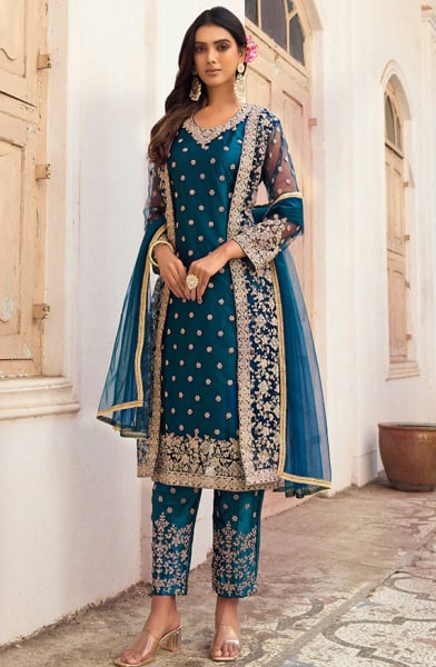 Teal Blue Embroidered Net Pant Kameez