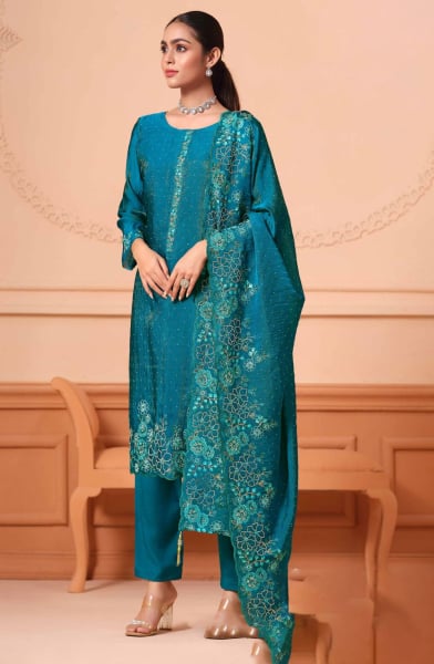 Teal Blue Embroidered Pant Kameez Suit