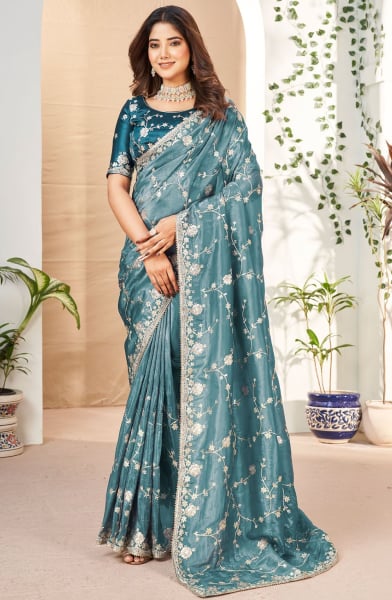Teal Blue Embroidered Silk Designer Saree