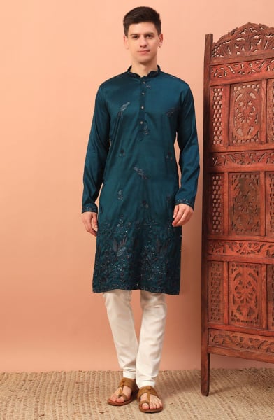 Teal Blue Embroidered Silk Kurta Set