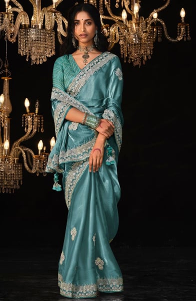 Teal Blue Embroidered Tissue Silk Designer Saree