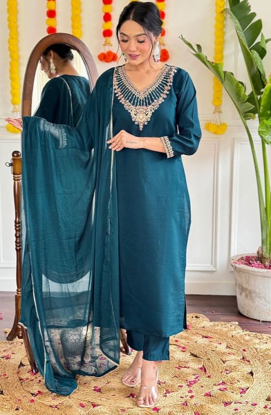Teal Blue Embroidered Viscose Chanderi Readymade Suit
