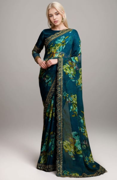 Teal Blue Floral Print Georgette Saree