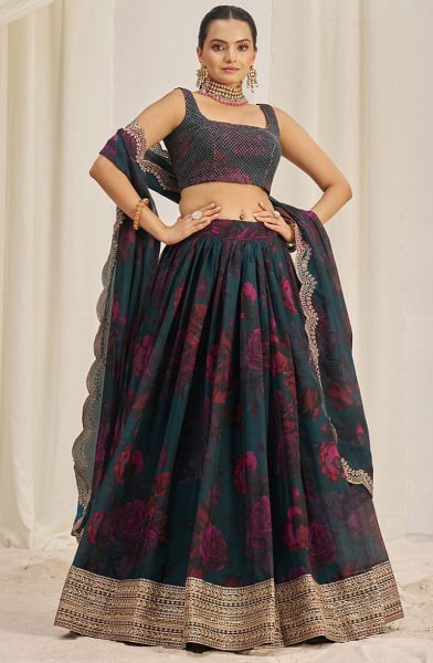 Teal Blue Floral Print Organza Embroidered Lehenga Set