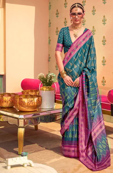 Teal Blue Foil Print Mercerized Silk Saree