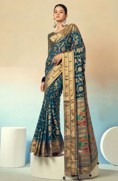 Teal Blue Georgette Embroidered Saree