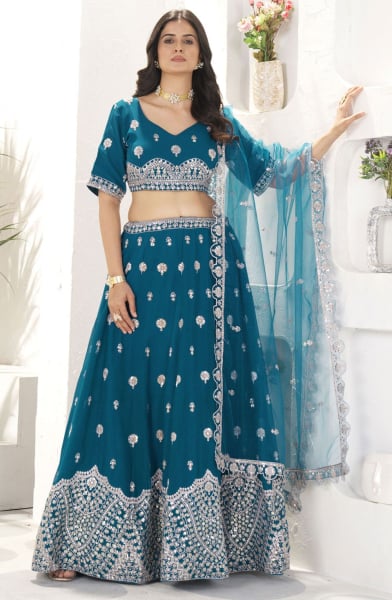 Teal Blue Heavy Embroidered Designer Lehenga Choli Set for Ceremonial