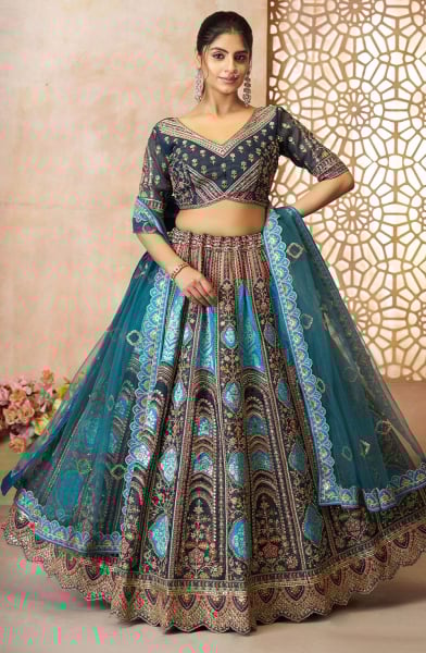 Teal Blue Heavy Embroidered Lehenga Choli for Wedding