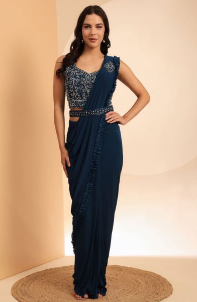 Teal Blue Heavy Embroidered Party Wear Saree