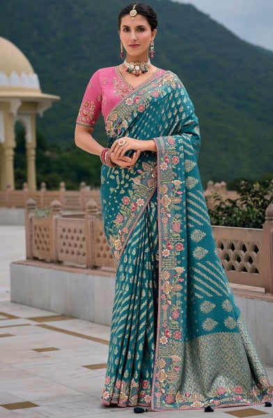 Teal Blue Khatli Work Designer Silk Saree