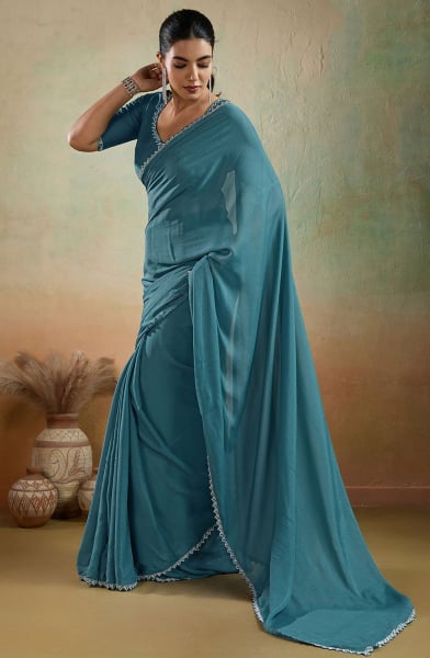 Teal Blue Matte Georgette Party Wear Saree