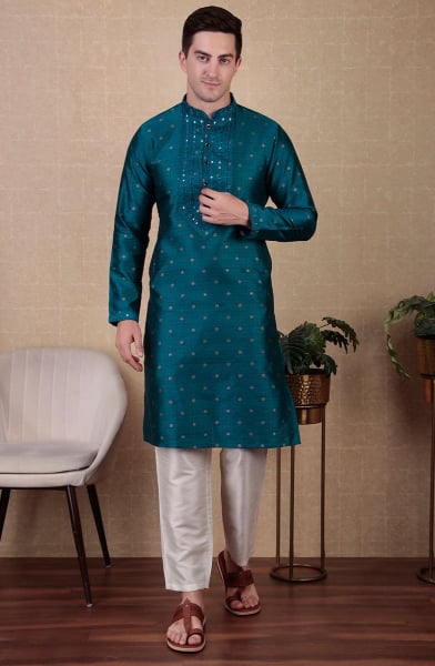 Teal Blue Mirror Work Jacquard Silk Kurta Set