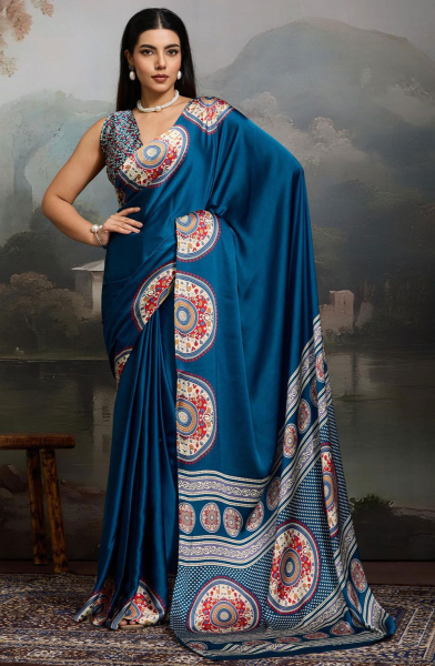Teal Blue Modal Satin Ajrakh Printed Saree
