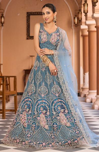 Teal BLue Net Heavy Embroidered Lehenga Choli for Wedding