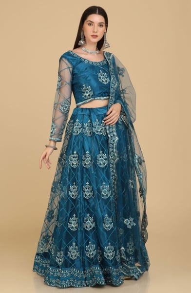 Teal Blue Net Party Wear Lehenga Choli Set