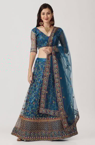 Teal Blue Net Party Wear Lehenga Choli Set