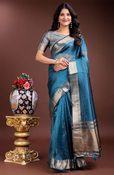 Teal Blue Organza Woven Saree