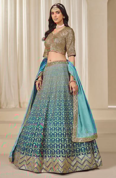 Teal Blue Premium Chinnon Silk Heavy Lehenga Choli for Wedding