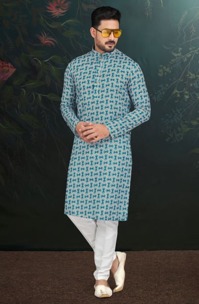 Teal Blue Printed Rayon Kurta