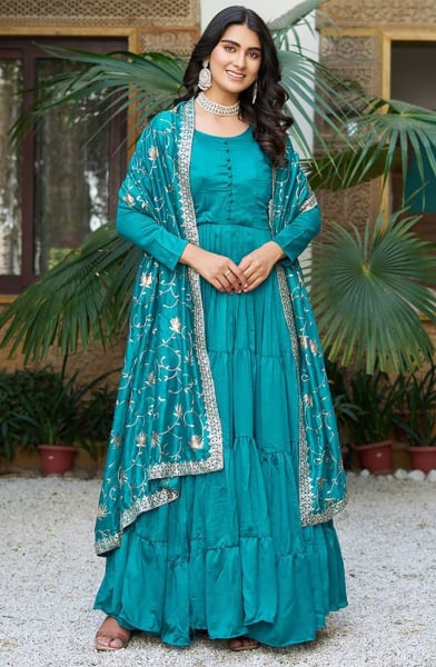 Teal Blue Pure Vichitra Silk Gown with Dupatta