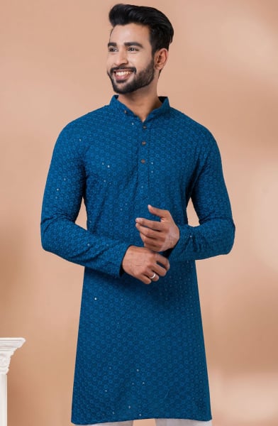 Teal Blue Rayon Sequins work Kurta