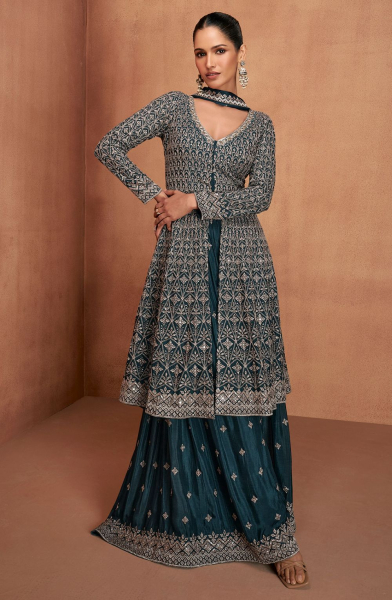 Teal Blue Real Chinon Palazzo Kameez Suit