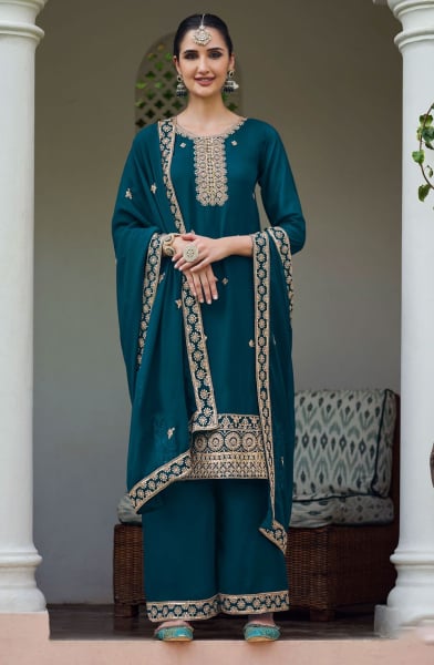 Teal Blue Real Georgette Heavy Embroidered Palazzo Kameez Suit