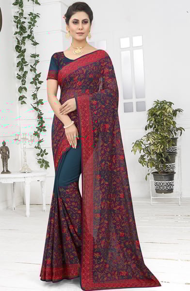 Teal Blue Resham Embroidrered Georgette Saree