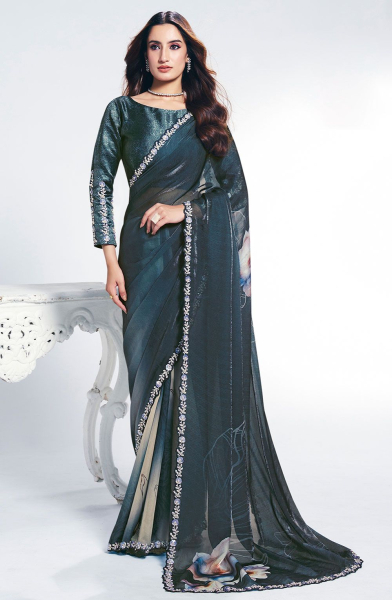 Teal Blue Satin Silk Saree for Ceremonial
