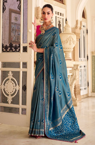 Teal Blue Satin Tissue Silk Saree for Party