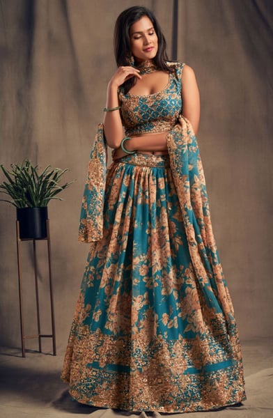 Teal Blue Sequined Organza Lehenga Choli for Wedding