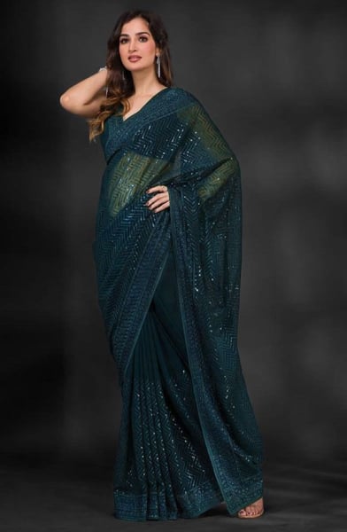 Teal Blue Sequins Embroidered Georgette Saree