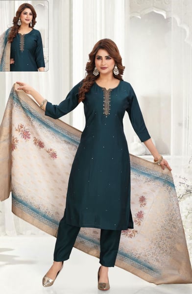Teal Blue Silk Readymade Pant Kameez Suit