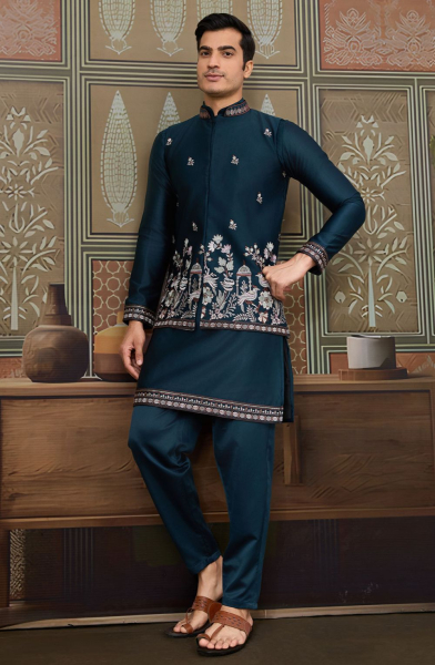 Teal Blue Silk Sequins Embroidered Kurta Set with Jacket