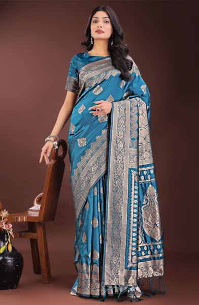 Teal Blue Silk Woven Saree