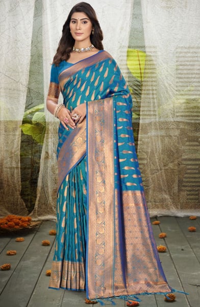 Teal Blue Silk Woven Work Saree