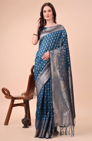 Teal Blue Silk Zari Woven Saree