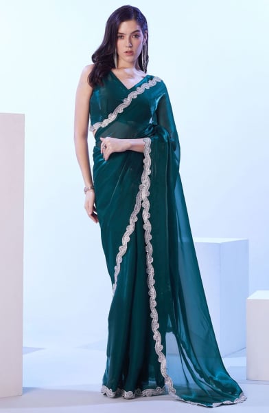 Teal Blue Tissue Organza Saree for Ceremonial