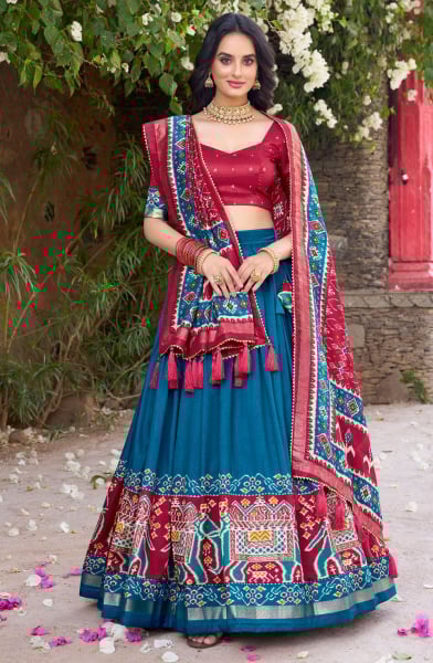 Teal Blue Tussar Silk Patola Printed Lehenga Choli Set