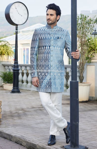 Teal Blue Velvet Computer Embroidered Indo Western Outfit